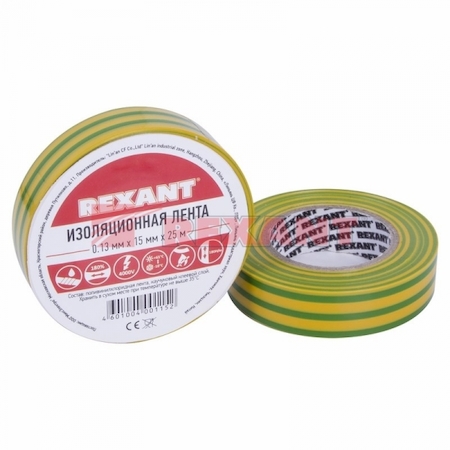09-2107 Изолента 15 мм х 25 м, желто-зеленая (упак. 5 роликов)  REXANT