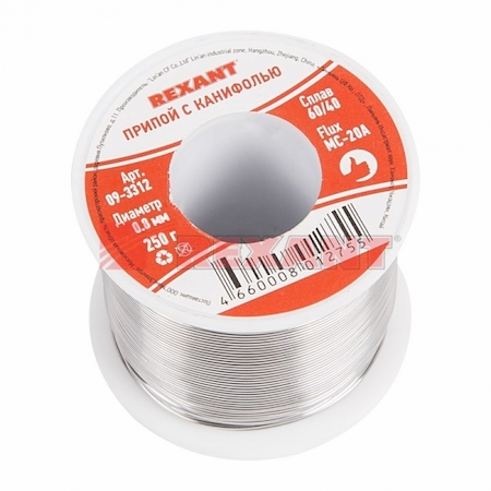 Фото Rexant 09-3312 Припой с канифолью 250гр d0.8мм (Sn60 Pb40 Flux 2.2%)