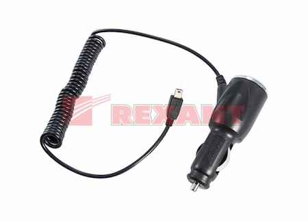 16-0240-1 Автозарядка в прикуриватель miniUSB (АЗУ) (5V, 1000mA) шнур спираль 1.5М черная REXANT