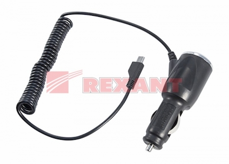 16-0245 Автозарядка в прикуриватель microUSB (АЗУ) (5V, 1000mA) шнур спираль 1.5М черная REXANT