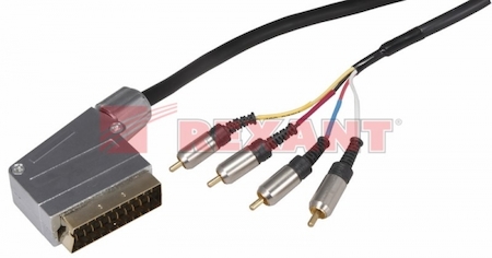 17-1424 Шнур SCART - 4 RCA с переключателем, длина 3 метра (GOLD- металл)  REXANT