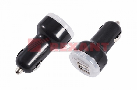 18-1190 Автозарядка в прикуриватель 2хUSB с индикацией (АЗУ) (1 000+2 100mA) черная REXANT