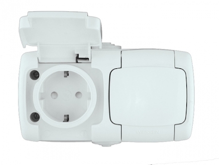 Schneider Electric RA16-227B-BI РОНДО IP44 О/У РОЗЕТКА двойная с заземлением со шторк., 16А, 250В, БЕЛЫЙ. Россия