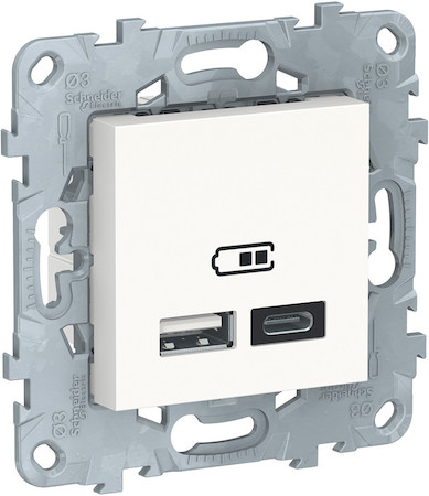 Schneider Electric NU501818 UNICA NEW РОЗЕТКА USB, 2-местная, тип А+С, 5 В / 2400 мА, БЕЛЫЙ