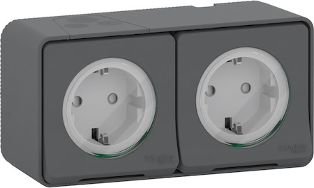 Schneider Electric MUR36029 MUREVA S БЛОК из ДВУХ РОЗЕТОК О/У с заземл. контактом и шторками, АНТРАЦИТ, IP55