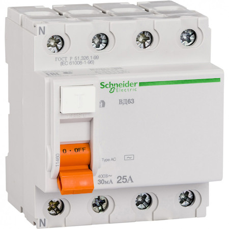 Schneider Electric 11460 ДИФ. ВЫКЛ. НАГРУЗКИ ВД63 4П 25A 30MA АС, Испания