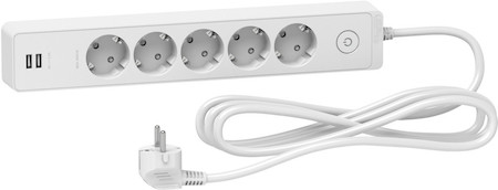 Schneider Electric ST945U3W UNICA EXTEND удлинитель 5 розеток 2К+З, кабель 3м, 2 USB, белый