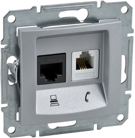 Schneider Electric SDN5200160 SEDNA РОЗЕТКА ДВОЙНАЯ КОМП.+ТЕЛЕФОННАЯ. RJ11+RJ45, кат.6, неэкр. UTP, АЛЮМИНИЙ