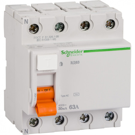 Schneider Electric 11466 ДИФ. ВЫКЛ. НАГРУЗКИ ВД63 4П 63A 30MA АС, Испания