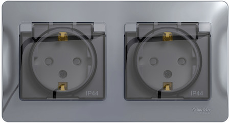 Schneider Electric GSL000347 GLOSSA РОЗЕТКА двойная с заземлением, со шторками, в сборе, IP44, АЛЮМИНИЙ