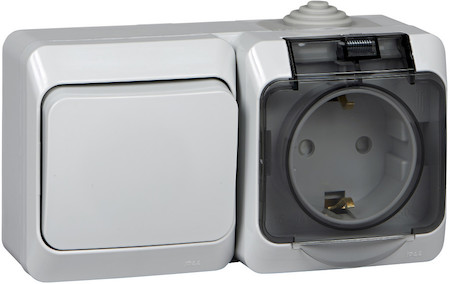 Schneider Electric BPA16-241C ЭТЮД IР44 О/У БЛОК: РОЗ. з/к со шт. 16А 250B, ВЫКЛ.1-клав.10А, СЕРЫЙ, Россия
