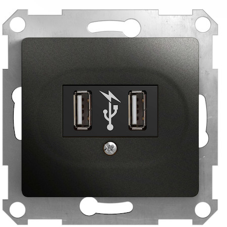 Schneider Electric GSL000732 GLOSSA USB РОЗЕТКА,5В /1400 мА, 2 х 5В /700 мА, механизм, АНТРАЦИТ