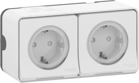 Schneider Electric MUR39035 MUREVA S БЛОК из ДВУХ РОЗЕТОК О/У с заземл. контактом и шторками, БЕЛЫЙ, IP55