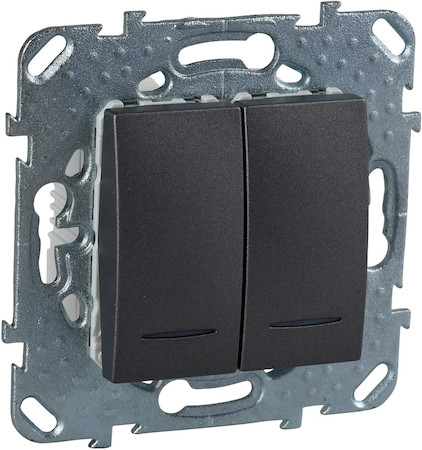 Schneider Electric MGU5.0303.12NZD UNICA TOP ПЕРЕКЛЮЧАТЕЛЬ 2-клавишный, 2 модуля,с подсветкой, 2 х сх. 6а, ГРАФИТ