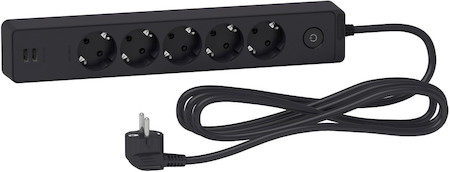 Schneider Electric ST945U3B UNICA EXTEND удлинитель 5 розеток 2К+З, кабель 3м, 2 USB, ЧЁРНЫЙ