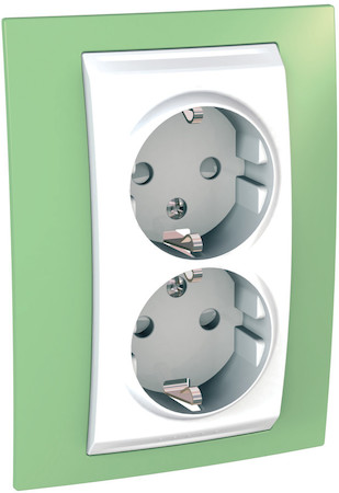 Schneider Electric MGU63.067.863 UNICA ХАМЕЛЕОН РОЗЕТКА двойная, с заземлением, со шторками, БЕЛЫЙ/ЗЕЛЕНОЕ ЯБЛОКО