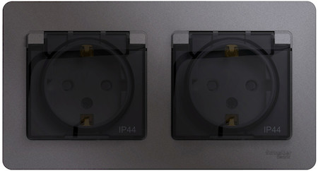 Schneider Electric GSL001347 GLOSSA РОЗЕТКА двойная с заземлением, со шторками, в сборе, IP44, ГРАФИТ