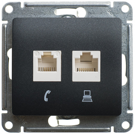 Schneider Electric GSL000785KK GLOSSA РОЗЕТКА двойная компьютерная RJ45+RJ45, кат.5E, механизм, АНТРАЦИТ