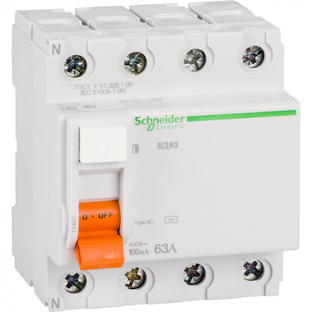 Schneider Electric 11467 ДИФ. ВЫКЛ. НАГРУЗКИ ВД63 4П 63A 100MA АС, Испания