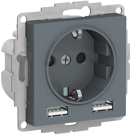 Schneider Electric ATN000730 ATLASDESIGN РОЗЕТКА 16А c 2 USB A+A, 5В/2,4А, 2х5В/1,2А, механизм, ГРИФЕЛЬ
