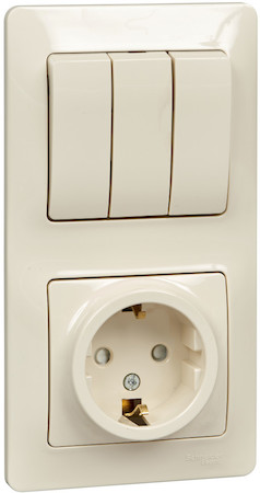 Schneider Electric GSL000278 GLOSSA БЛОК: РОЗЕТКА с заземлением со шторками+ 3кл.ВЫКЛЮЧАТЕЛЬ БЕЖЕВЫЙ