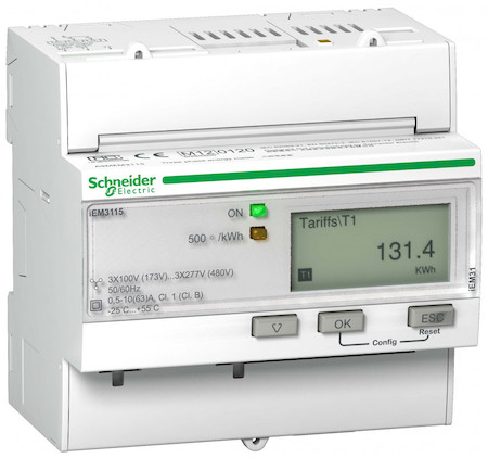 Schneider Electric A9MEM3115R Счетчик 3-ф активной энергии iEM3115, 4 тарифа, кл. точн. 1, прям. включения