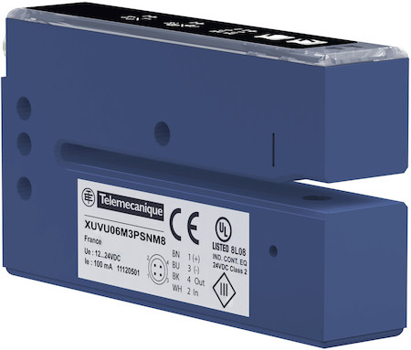 Schneider Electric XUVU06M3KSNM8 УЛЬТРАЗВ. ДАТЧ. ВИЛОЧ. ТИПА, 12-24 VDC, КОННЕКТОР М8, 60х3 ММ, PNP/NPN, НО/НЗ