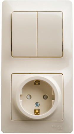 Schneider Electric GSL000274 GLOSSA БЛОК: РОЗЕТКА с заземлением со шторками + 2-клавишный ВЫКЛЮЧАТЕЛЬ БЕЖЕВЫЙ