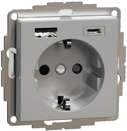 Schneider Electric MTN2367-0460 MERTEN SM РОЗЕТКА силовая 16 A с зарядкой USB A+C 3 A, АЛЮМИНИЙ
