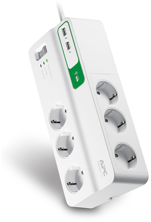 Schneider Electric PM6U-RS Сетевой фильтр, 6 розеток, кабель 2 метра, 1836 Дж, два USB-порта для зарядки