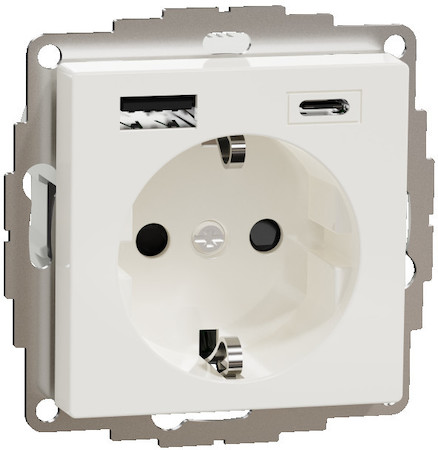 Schneider Electric MTN2367-0319 MERTEN SM РОЗЕТКА силовая 16 A с зарядкой USB A+C 3 A, ПОЛЯРНЫЙ БЕЛЫЙ