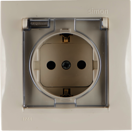 1590450-031 Simon 15 Бежевый Розетка 1-я с/з с крышкой с защитными шторками, IP44 (в сборе с рамкой)