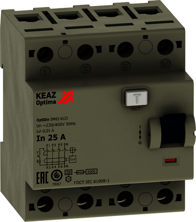 КЭАЗ 254311 ВДТ без защиты от сверхтоков OptiDin DМ63-4240-A-УХЛ4 (4P, 40, 30mA)