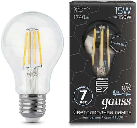 Лампа светодиодная Filament Graphene A60 15Вт 4100К E27 Gauss 102802215
