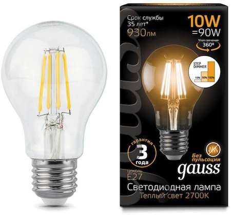 Лампа светодиодная Filament A60 10Вт 2700К E27 step dimmable Gauss 102802110-S