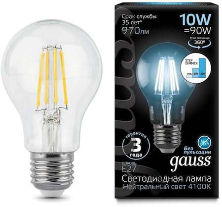 Лампа светодиодная Filament A60 10Вт 4100К E27 step dimmable Gauss 102802210-S