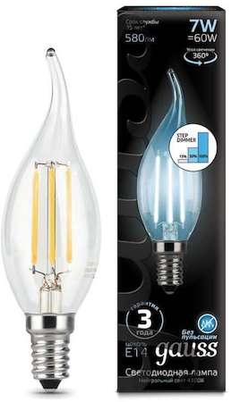 Лампа светодиодная Filament Candle tailed 7Вт 4100К E14 step dimmable Gauss 104801207-S