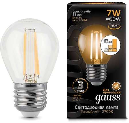 Лампа светодиодная Filament Globe 7Вт 2700К E27 step dimmable Gauss 105802107-S
