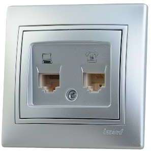 Фото Розетка компьютерная + телеф. СП Мира RJ11 + RJ45 метал. сер. Lezard 701-1010-143