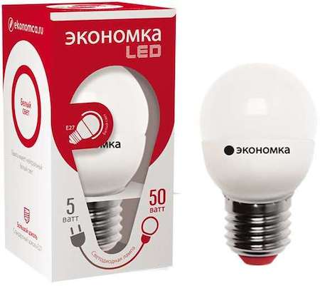 Лампа светодиодная GL45 5Вт шар 4500К бел. E27 350лм 220-240В 45мм ЭКОНОМКА Eco_LED5wGL45E2745