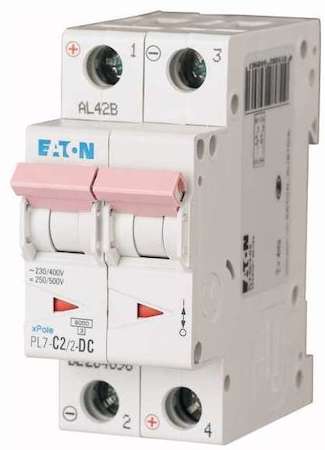 Выключатель автоматический модульный 2п C 2А 6кА PL7-C2/2-DC EATON 264896