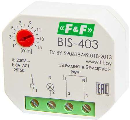 Евроавтоматика F&F Реле импульсное BIS-403 (230В 8А 1Z с лестничным автоматом в монтаж. коробку d60мм) F&F EA01.005.004
