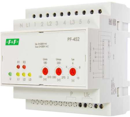 Евроавтоматика F&F Переключатель фаз PF-452 (два выхода для питания нагрузки; с регулируемыми верхними (230-260) и нижними (150-210) значениями напряжения переключения; монтаж на DIN-рейке 35мм 3х400/230+N 6х16A IP20) F&F EA04.005.004
