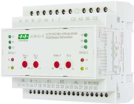 Евроавтоматика F&F Устройство управления резервным питанием AVR-01-K (2 ввода; 1 нагрузка 35мм 3х400В+N 2х16А 2P IP20 монтаж на DIN-рейке) F&F EA04.006.001