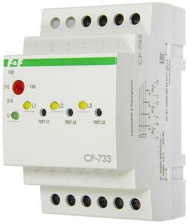 Евроавтоматика F&F Реле напряжения CP-733 (трехфазное; контроль нижнего (150-210В) и верхнего (240-270В) порога напряжения; отдельный контакт на каждую фазу; монтаж на DIN-рейке 35мм 3х400/230 N 3х8А 3х1Z IP20) F&F EA04.009.006