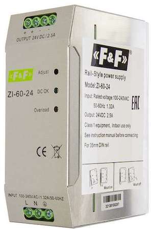 Евроавтоматика F&F Блок питания ZI-60-24 (импульсный; Uвых. 24В DC; 130х50х90; монтаж на DIN-рейке 35мм 90-265В AC 2.5А 60Вт IP20) F&F EA11.001.002