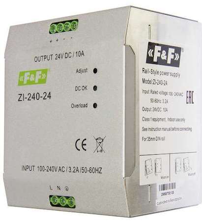Евроавтоматика F&F Блок питания ZI-240-24 (импульсный; Uвых. 24В DC; 130х110х90; монтаж на DIN-рейке 35мм 90-264В AC 10А 240Вт IP20) F&F EA11.001.004