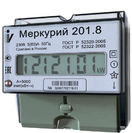 00000032681 Счетчик "Меркурий" 201.8 1ф 5-80А 1 класс точн. 1 тариф. ЖКИ табло DIN-рейка Инкотекс 32681