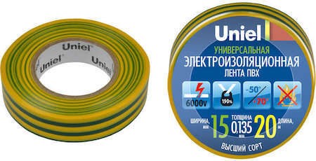 Лента изоляционная UIT-135P 20/15/10 YGR 0.135х15 20м (уп.10шт) жел./зел. Uniel 04507
