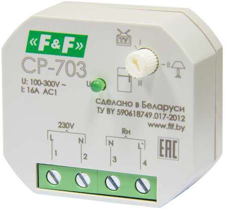Евроавтоматика F&F Реле напряжения CP-703 (однофазный; контроль верхнего и нижнего значений напряжения установка в монтажную коробку d60мм; 150-300В 16А 1NO IP20) F&F EA04.009.011